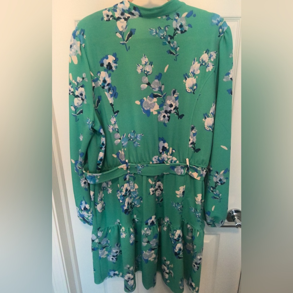 NWT Danny & Nicole Green & Blue Floral Collared V-Neck Belted Dress 18 - Picture 13 of 14